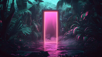 Wall Mural - Mysterious door or portal with neon light in the jungle in synthwave style.