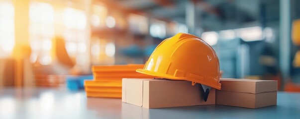 A close-up of a construction helmet resting on wooden planks in a modern workshop, symbolizing safety and professionalism.