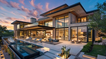 Poster - Create an image of a luxury home with an open, airy exterior, sleek metal and glass design, and extensive outdoor living areas.