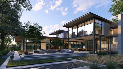 Poster - Create an image of a luxury home with an open, airy exterior, sleek metal and glass design, and extensive outdoor living areas.
