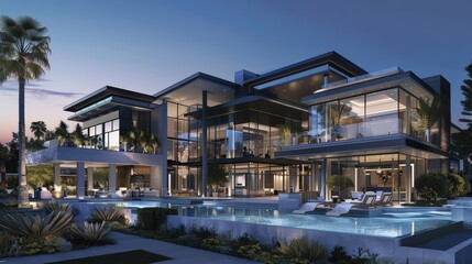 Poster - Create an image of a luxury home with an open, airy exterior, sleek metal and glass design, and extensive outdoor living areas.