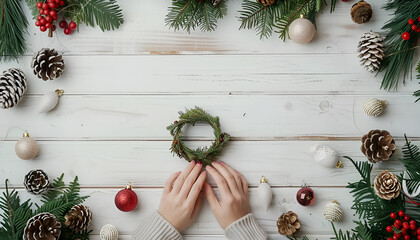 Christmas handmade diy background. Making craft xmas wreath and ornaments. Top view of white wooden table with female hands