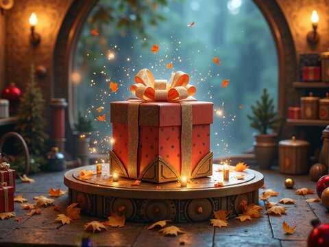 Kawaii Christmas Wonderland”: A pastel-colored podium in a snowy fantasy landscape, with oversized plush toys and candy canes, topped with a cute, glittering gift box