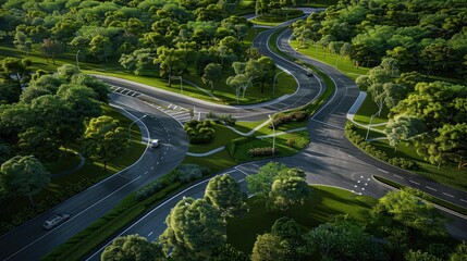 Create an image of two roads in an urban park, with one road running through wooded areas and the other along open green spaces