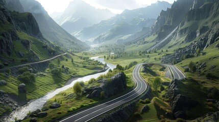 Poster - Create an image of two roads leading through a scenic valley, with one road following a river and the other climbing a hillside.