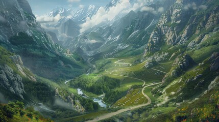Poster - Create an image of two roads leading through a scenic valley, with one road following a river and the other climbing a hillside.