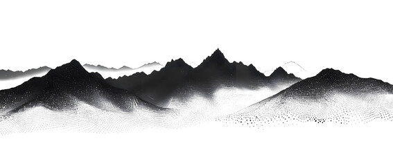 Grain stippled mountain range. Dotted landscape terrain silhouette. Black white grainy hill chain. Grunge noise mountain peak background. Dot work texture wallpaper. Vector scenery illustration