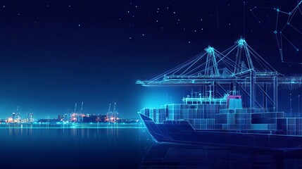 Trade port low poly wireframe banner template. Digital vector cargo ship, container, crane and warehouse in dark blue. Container ships, transportation, logistics, business, worldwide shipping concept