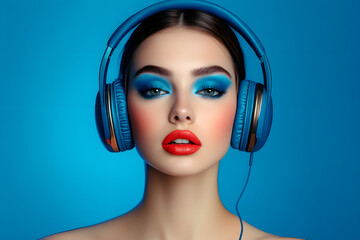 Canvas Print - beautiful young woman with fashion makeup centre facing front wearing large retro headphones