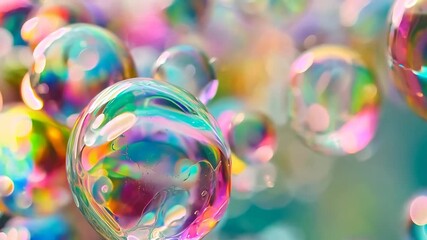 Wall Mural - Colorful soap bubbles floating against a vibrant, bokeh background. Abstract and playful concept, suitable for celebrations.

