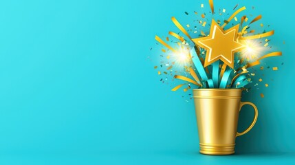 Wall Mural - A festive golden cup bursts with colorful streamers and a sparkling star against a vibrant blue backdrop.