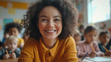 Poster - A happy teacher smiles broadly as her students focus on their activities, creating a warm and inviting learning environment