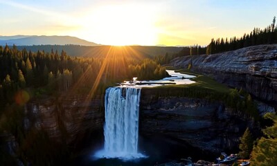 Wall Mural - landscape at sunrise over the waterfall