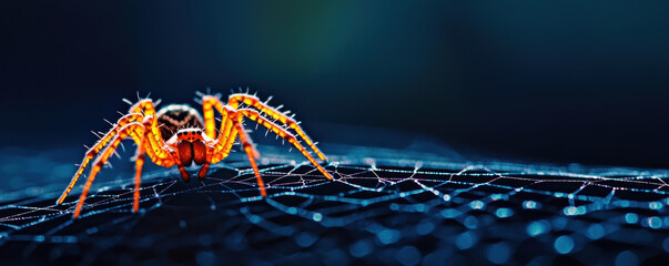 Close-up of a vibrant orange spider on a web against a dark background. The image captures the intricate details of the spider and its web.