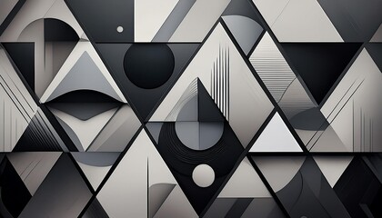 Canvas Print - A minimalist abstract background featuring overlapping geometric shapes, like triangles and circles, in varying shades of gray and black