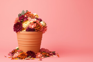 A vibrant terracotta pot brimming with colorful flowers against a soft pink background, perfect for spring-themed designs.