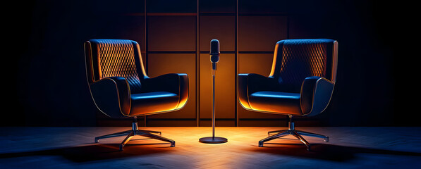 Wall Mural - two chairs and microphones in podcast or interview room isolated on dark background as a wide banner for media conversations or podcast streamers concepts with copyspace