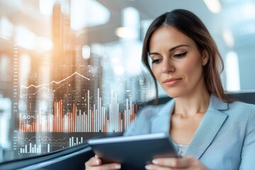 Poster - Businesswoman analyzes financial data on a tablet in modern office, showcasing technology and professionalism.