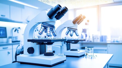 Poster - high-tech laboratory with advanced microscopes on a bright workstation, ideal for scientific researc