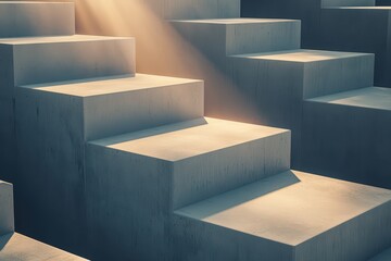 Staircase illuminated by soft light, highlighting concrete steps and shadows, symbolizing ascent and progress in architecture.