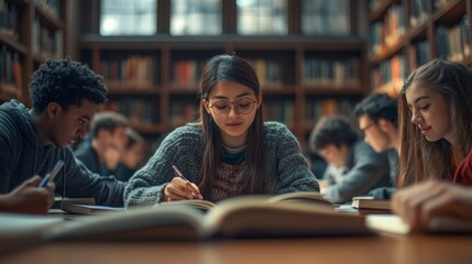 Poster - A group of dedicated students is quietly studying and taking notes in a beautiful library filled with bookshelves