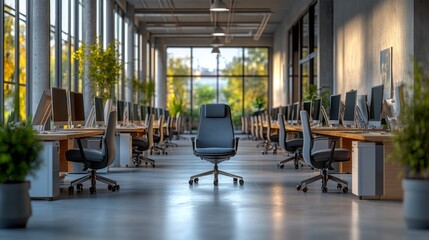 Poster - An inviting office environment showcases empty desks, ergonomic seating, and sunlight filtering through large windows, highlighting the lush indoor plants
