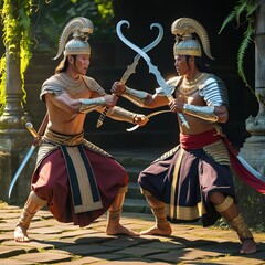 Two majestic Malay and Javanese warriors, adorned with intricate headdresses and ornate armor, engage in a fierce battle, their skilled hands clashing as they wield ornamental Keris with curved.