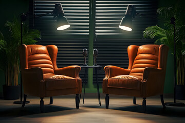 Wall Mural - Two chairs and microphones in a podcast or interview setting, 