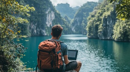 Poster - A traveler immerses in nature, working on his laptop next to a peaceful lake, embraced by towering cliffs and vibrant greenery