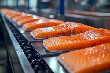 Poster - conveyor belt is moving the fillet along the processing line. industrial food production concept. fr