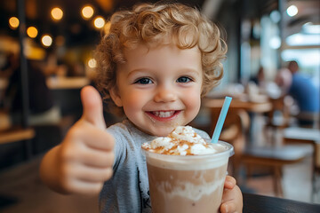 Poster - Little child spend time leisure in indoor restaurant bar. Happy smiling cheerful toddler kid boy shows thumb up while drinking smoothie milkshake with cream beverage with straw in family cafe