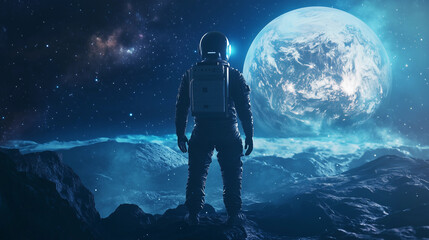 Wall Mural - astronaut standing on planet looking at space