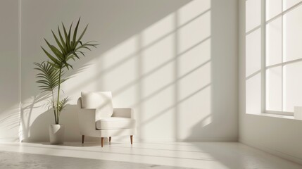 Poster - Sunlight streams through large windows, creating a warm atmosphere in a modern living area with a cozy chair and lush greenery