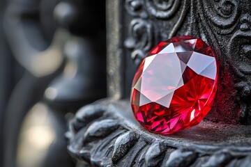 A vibrant red ruby gem captured in an ultra-close shot, its facets glowing with intense color. The backdrop is a sleek, blurred black wall with subtle patterns, creating a luxurious and elegant