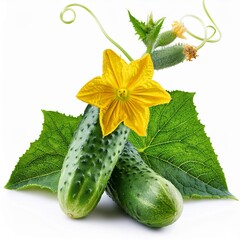 Wall Mural - Natural Vegetables: Fresh Green Cucumber with Leaf and Flower on White Background