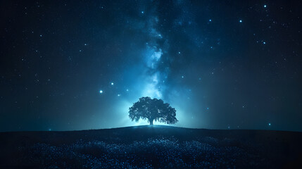 A peaceful night scene with a bright star trailing a blooming tree under the sky.