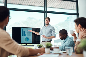 Poster - Data, business man or team presentation on monitor for training, coaching or info analysis. Group, speaker or investment manager on screen with finance stats, profit kpi or planning in office meeting