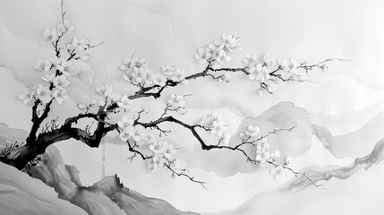 Wall Mural - Sumi-e ink painting capturing the serene beauty of a traditional Japanese