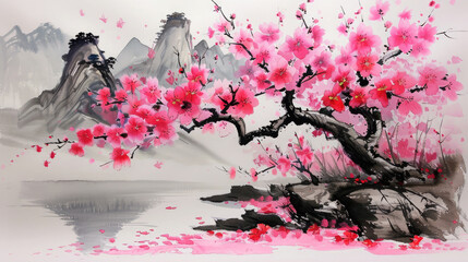 Wall Mural - Sumi-e ink painting capturing the serene beauty of a traditional Japanese