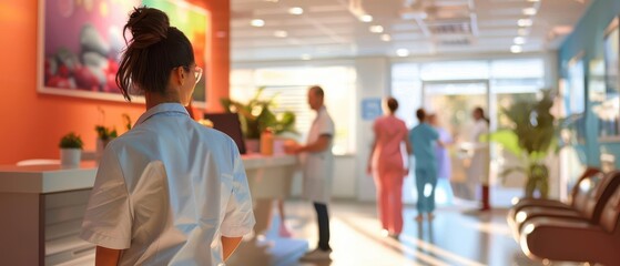 Healthcare professionals working in a modern hospital reception area with patients, showcasing a clean and professional medical environment.