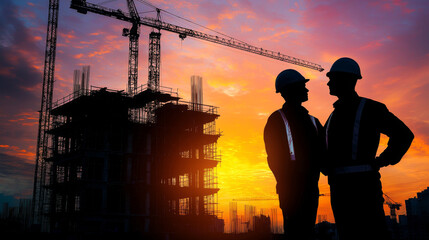 Two men in construction gear are standing next to a building