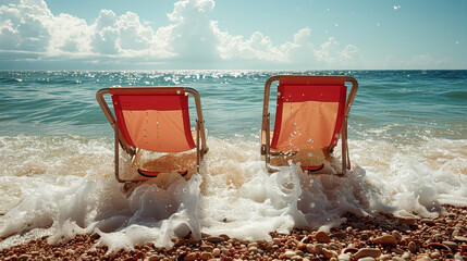 Wall Mural - Summer beach loungers: close-up by the sea