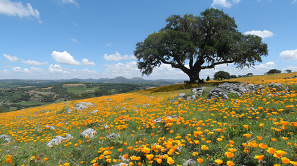 Trees marigolds or stars with yellow flowers halfway up the hills.