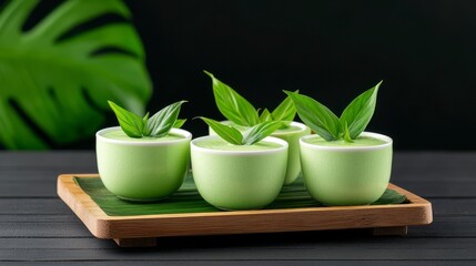 Green Serenity, Four green cups with vibrant leaves on a wooden tray, Zen-inspired presentation.