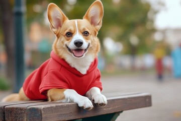 Happy Corgi, Smiling corgi in a red hoodie on a bench, Cheerful outdoor pet portrait.