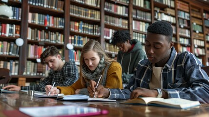 Poster - A group of diverse students concentrate intently on their studies, surrounded by towering shelves of books in a warm, inviting library setting