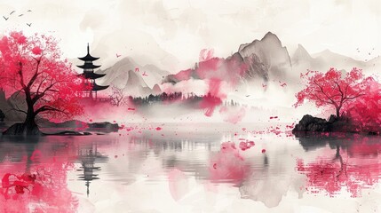 Wall Mural - Sumi-e ink painting capturing the serene beauty of a traditional Japanese