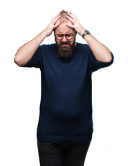 Sticker - Young caucasian hipster man wearing sunglasses over isolated background suffering from headache desperate and stressed because pain and migraine. Hands on head.