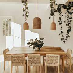 Dining area with a simple wooden table, woven chairs