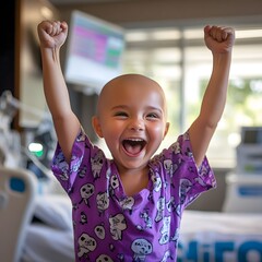 Happy child cancer patient in hospital bed raising hands. Joyful kid celebrating successful treatment. World cancer day, victory over disease, childhood cancer awareness, receiving good news.